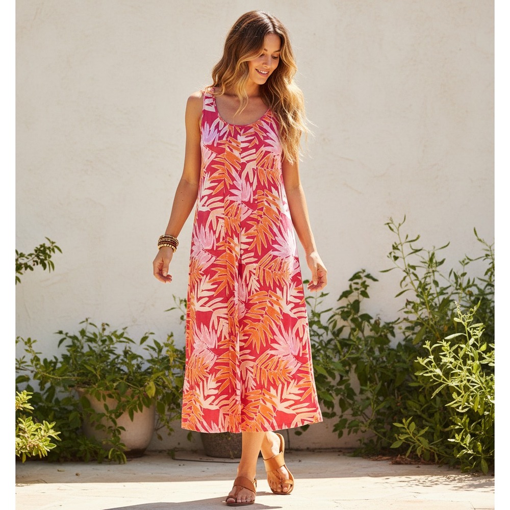 White Stag Midi Dress Pink Orange Palm Tropical Resort Comfy Boho Beach Size L